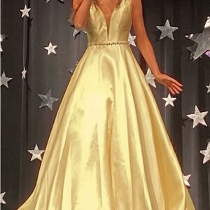 Madison James Yellow Satin Prom Dress